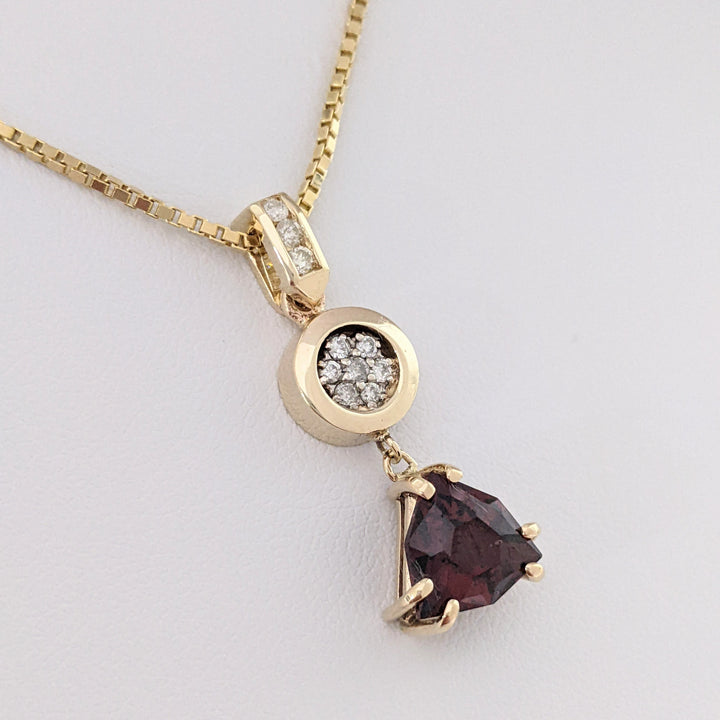 14K GARNET TRILLION CUT 9MM (3) WITH (30) MELEE ESTATE EARRING, PENDANT &amp; CHAIN ESTATE SET 14.1 GRAMS