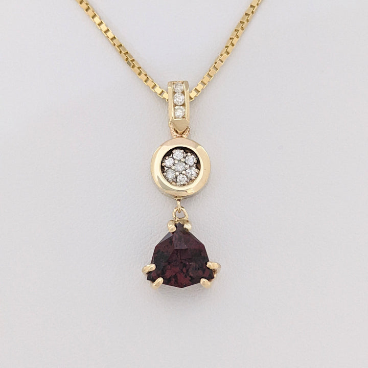 14K GARNET TRILLION CUT 9MM (3) WITH (30) MELEE ESTATE EARRING, PENDANT &amp; CHAIN ESTATE SET 14.1 GRAMS
