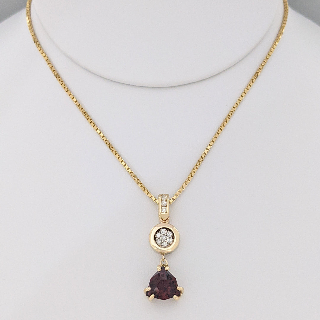 14K GARNET TRILLION CUT 9MM (3) WITH (30) MELEE ESTATE EARRING, PENDANT &amp; CHAIN ESTATE SET 14.1 GRAMS