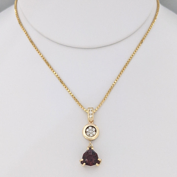 14K GARNET TRILLION CUT 9MM (3) WITH (30) MELEE ESTATE EARRING, PENDANT &amp; CHAIN ESTATE SET 14.1 GRAMS