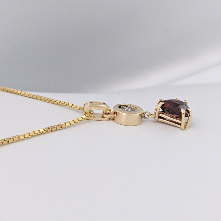 14K GARNET TRILLION CUT 9MM (3) WITH (30) MELEE ESTATE EARRING, PENDANT &amp; CHAIN ESTATE SET 14.1 GRAMS