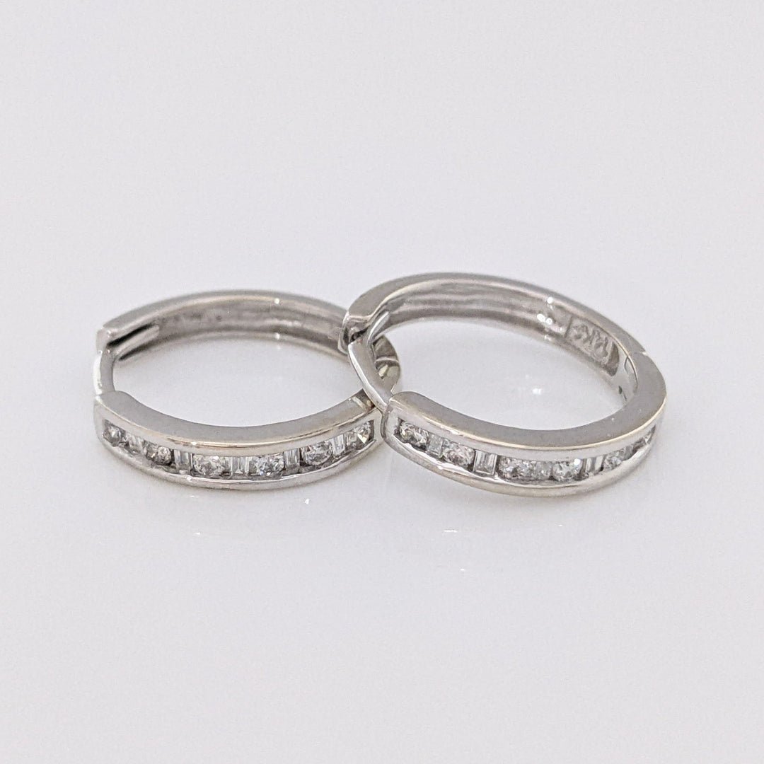 14K WHITE .23 CARAT TOTAL WEIGHT I1 I DIAMOND ROUND (12) BAGUETTE (10) ESTATE HOOP EARRINGS 2.5 GRAMS