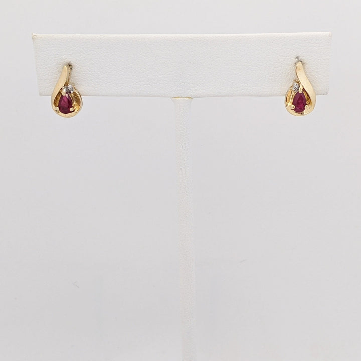10K RUBY PEAR 3X5 WITH MELEE AND GOLD TRIM ESTATE EARRINGS 1.7 GRAMS