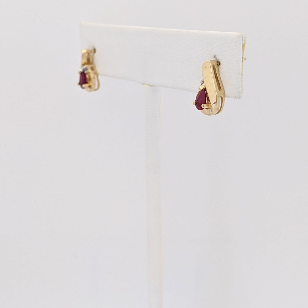 10K RUBY PEAR 3X5 WITH MELEE AND GOLD TRIM ESTATE EARRINGS 1.7 GRAMS
