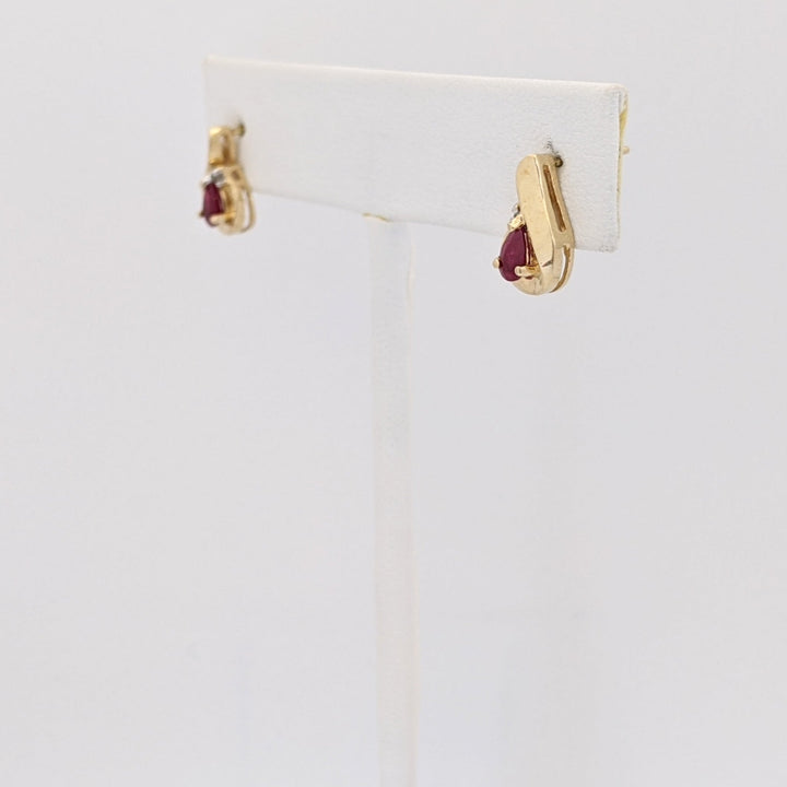 10K RUBY PEAR 3X5 WITH MELEE AND GOLD TRIM ESTATE EARRINGS 1.7 GRAMS