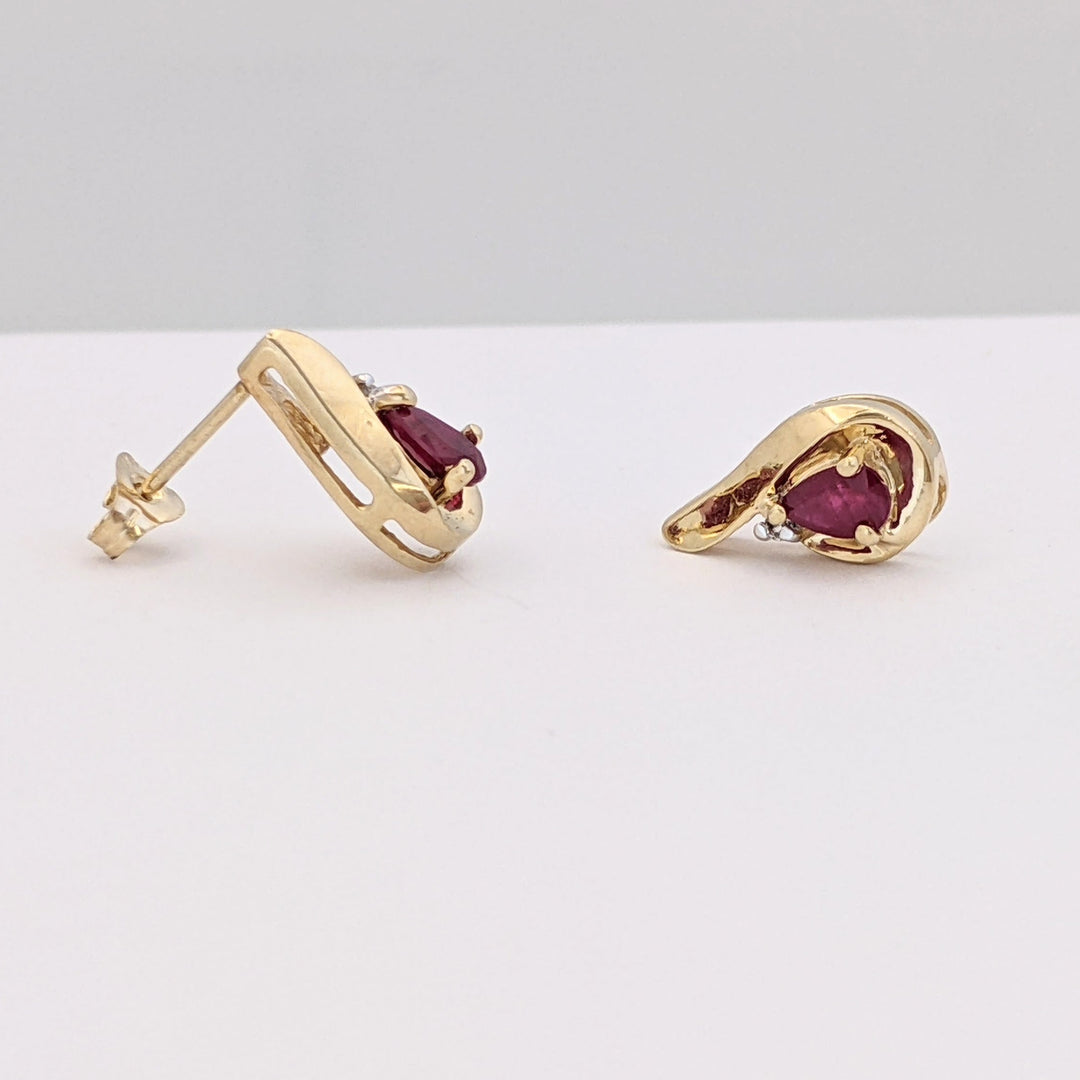 10K RUBY PEAR 3X5 WITH MELEE AND GOLD TRIM ESTATE EARRINGS 1.7 GRAMS
