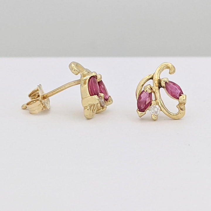 14K RUBY MARQUISE (4) 2X4 WITH (2) MELEE ESTATE EARRINGS 1.4 GRAMS