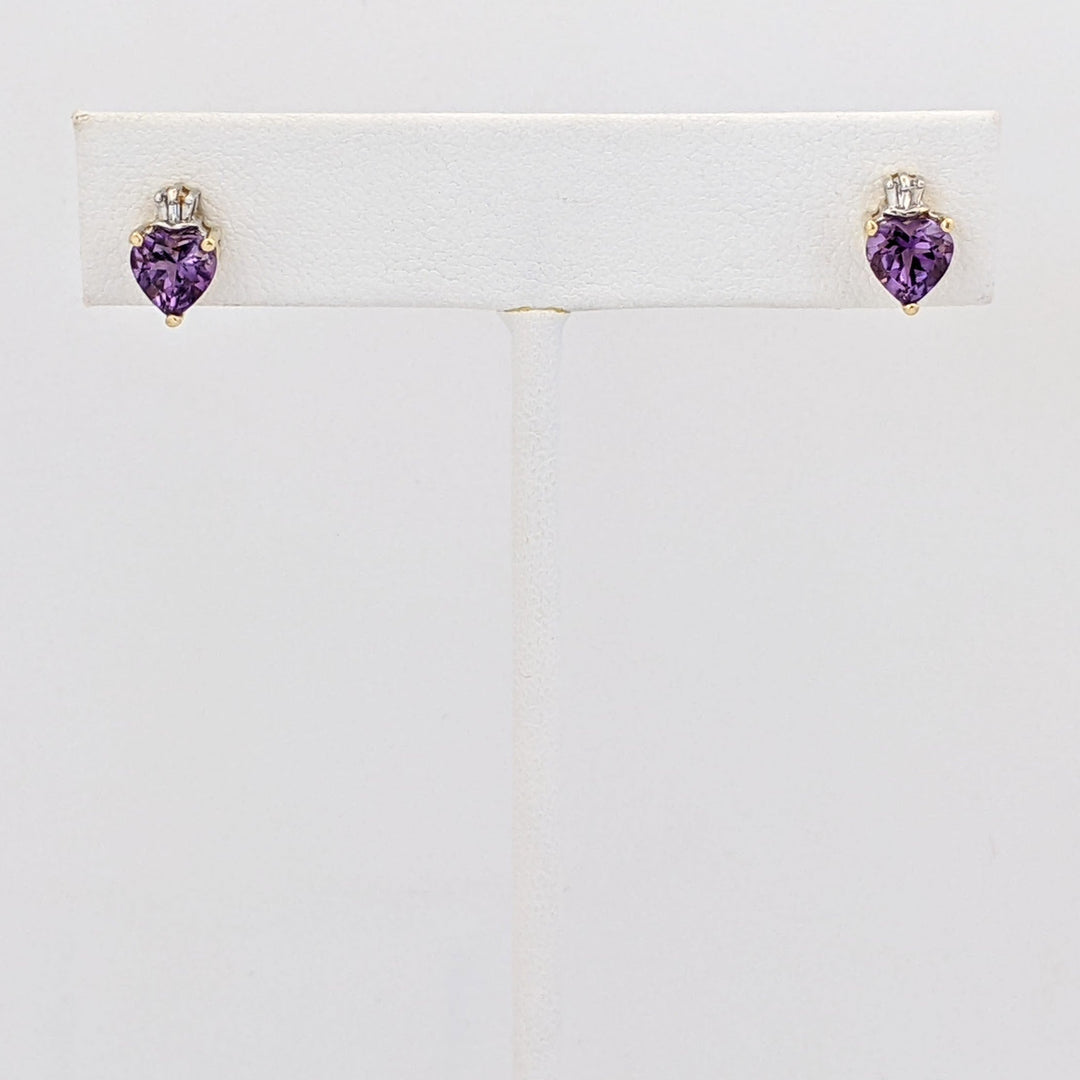 14K AMETHYST HEART 5MM WITH DIAMOND BAGUETTE ESTATE EARRINGS 1.6 GRAMS
