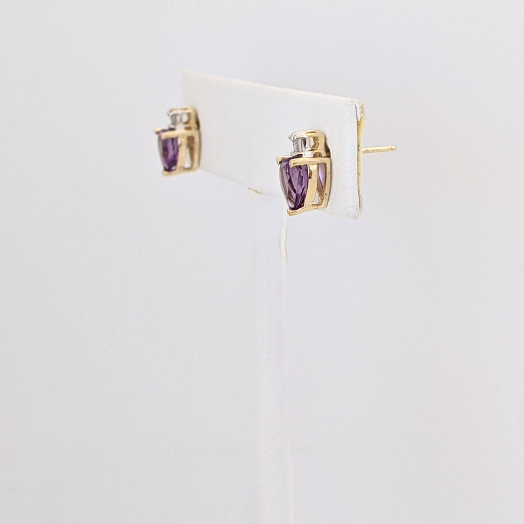 14K AMETHYST HEART 5MM WITH DIAMOND BAGUETTE ESTATE EARRINGS 1.6 GRAMS