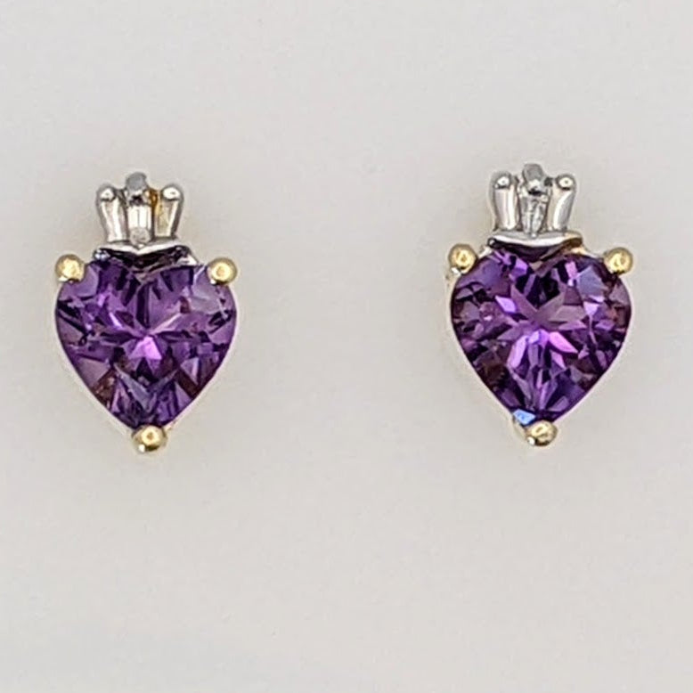 14K AMETHYST HEART 5MM WITH DIAMOND BAGUETTE ESTATE EARRINGS 1.6 GRAMS