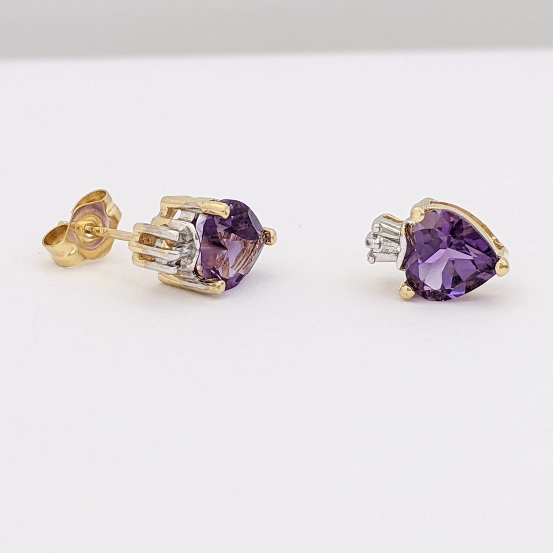 14K AMETHYST HEART 5MM WITH DIAMOND BAGUETTE ESTATE EARRINGS 1.6 GRAMS