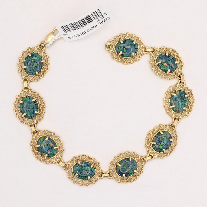14K DOUBLET OPAL OVAL 8X10 (9) ESTATE LINK BRACELET 12.6 GRAMS