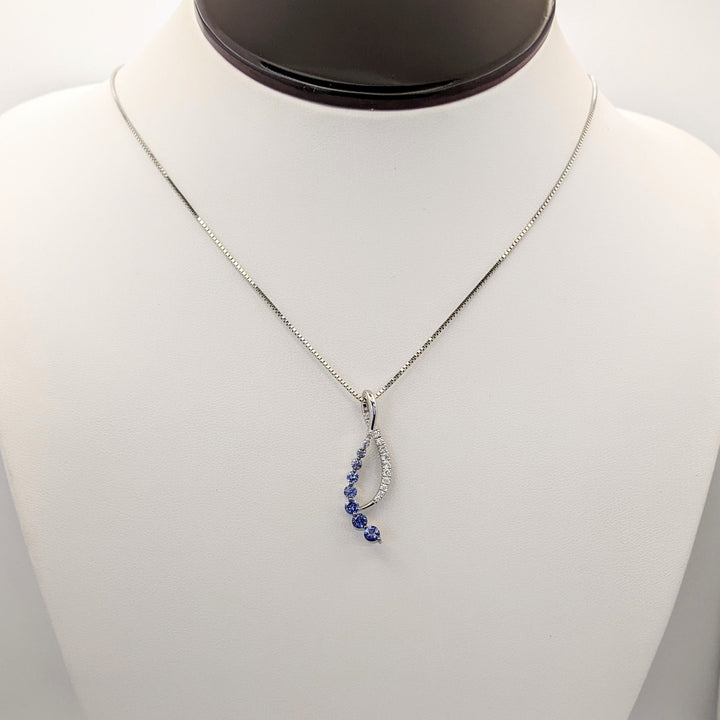 14K WHITE SAPPHIRE (9) ROUND WHITE/BLUE WITH .20 DIAMOND TOTAL WEIGHT RIBBON ESTATE PENDANT &amp; CHAIN 5.0 GRAMS