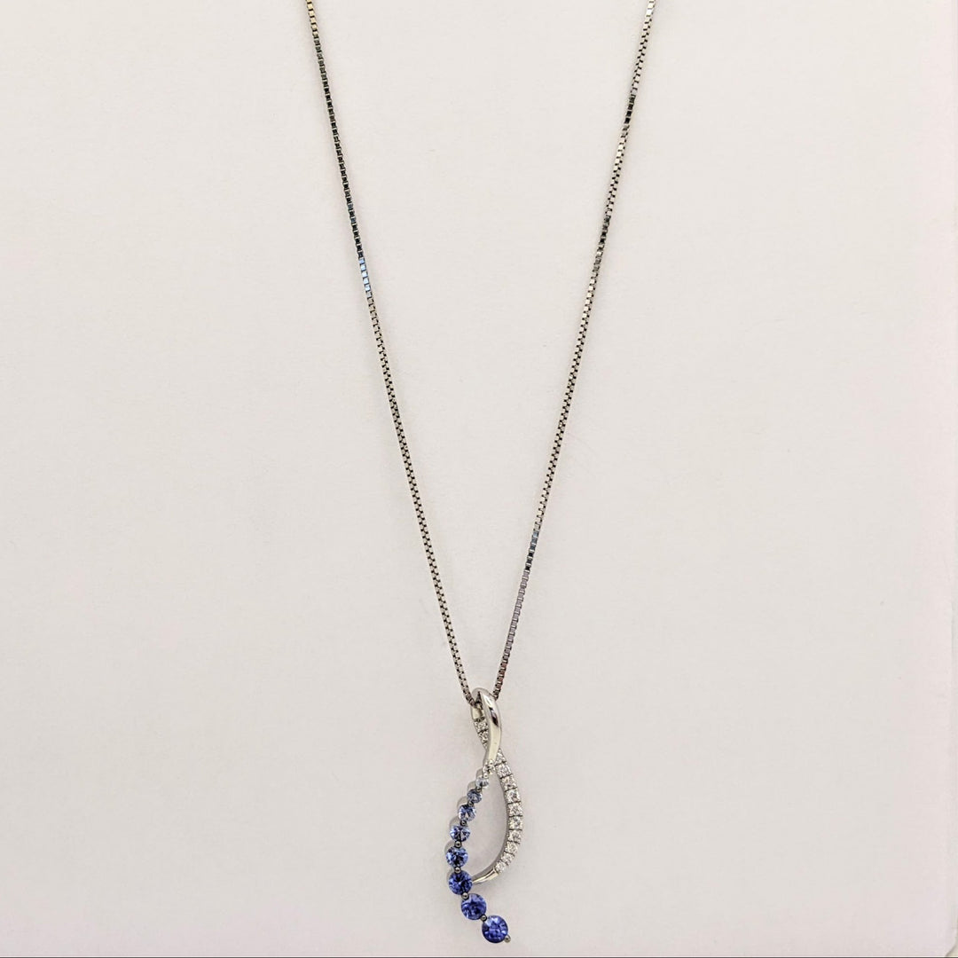 14K WHITE SAPPHIRE (9) ROUND WHITE/BLUE WITH .20 DIAMOND TOTAL WEIGHT RIBBON ESTATE PENDANT &amp; CHAIN 5.0 GRAMS