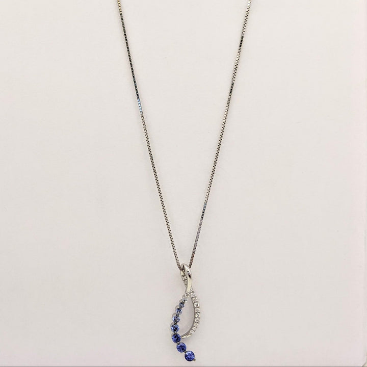 14K WHITE SAPPHIRE (9) ROUND WHITE/BLUE WITH .20 DIAMOND TOTAL WEIGHT RIBBON ESTATE PENDANT &amp; CHAIN 5.0 GRAMS