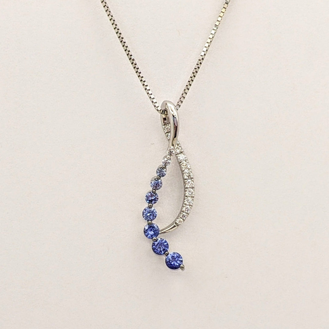 14K WHITE SAPPHIRE (9) ROUND WHITE/BLUE WITH .20 DIAMOND TOTAL WEIGHT RIBBON ESTATE PENDANT &amp; CHAIN 5.0 GRAMS