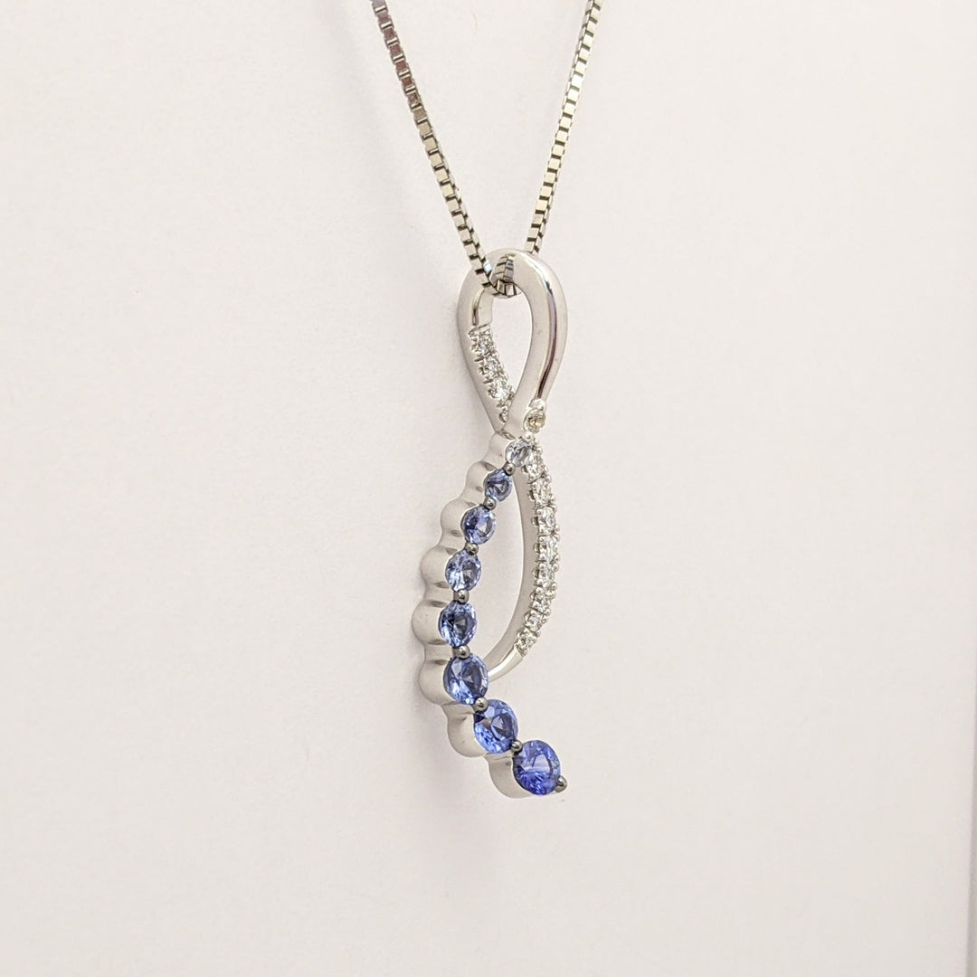 14K WHITE SAPPHIRE (9) ROUND WHITE/BLUE WITH .20 DIAMOND TOTAL WEIGHT RIBBON ESTATE PENDANT &amp; CHAIN 5.0 GRAMS