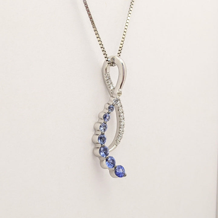 14K WHITE SAPPHIRE (9) ROUND WHITE/BLUE WITH .20 DIAMOND TOTAL WEIGHT RIBBON ESTATE PENDANT &amp; CHAIN 5.0 GRAMS