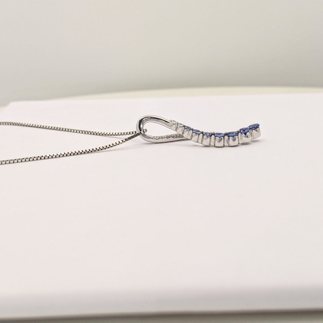 14K WHITE SAPPHIRE (9) ROUND WHITE/BLUE WITH .20 DIAMOND TOTAL WEIGHT RIBBON ESTATE PENDANT &amp; CHAIN 5.0 GRAMS