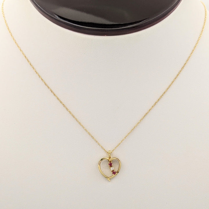 14K RUBY ROUND (2) DIAMOND ROUND (1) OPEN ESTATE HEART PENDANT &amp; CHAIN 1.7 GRAMS