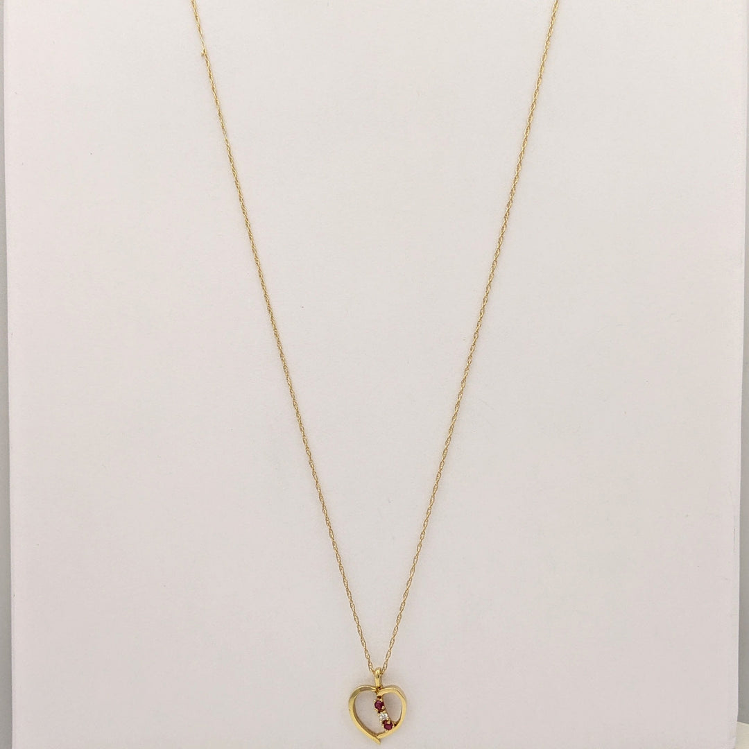 14K RUBY ROUND (2) DIAMOND ROUND (1) OPEN ESTATE HEART PENDANT &amp; CHAIN 1.7 GRAMS