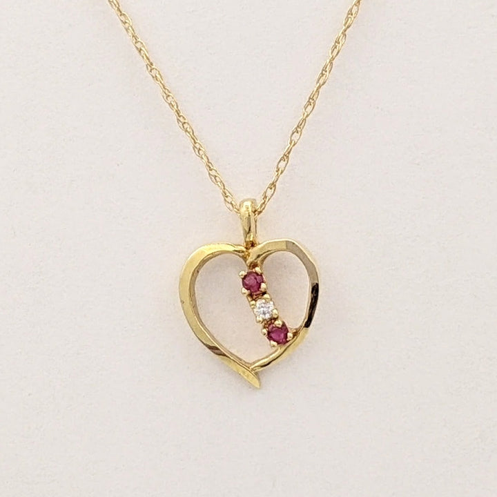 14K RUBY ROUND (2) DIAMOND ROUND (1) OPEN ESTATE HEART PENDANT &amp; CHAIN 1.7 GRAMS
