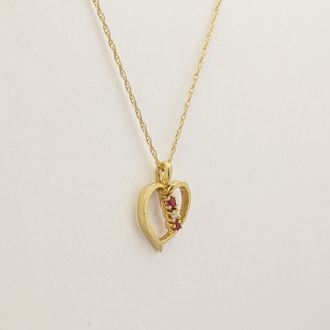14K RUBY ROUND (2) DIAMOND ROUND (1) OPEN ESTATE HEART PENDANT &amp; CHAIN 1.7 GRAMS