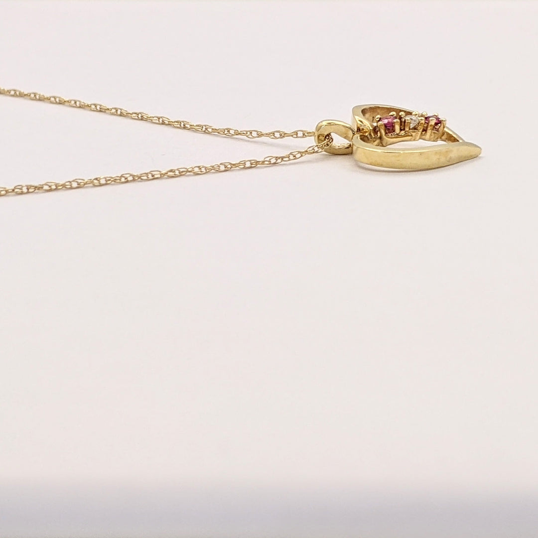14K RUBY ROUND (2) DIAMOND ROUND (1) OPEN ESTATE HEART PENDANT &amp; CHAIN 1.7 GRAMS
