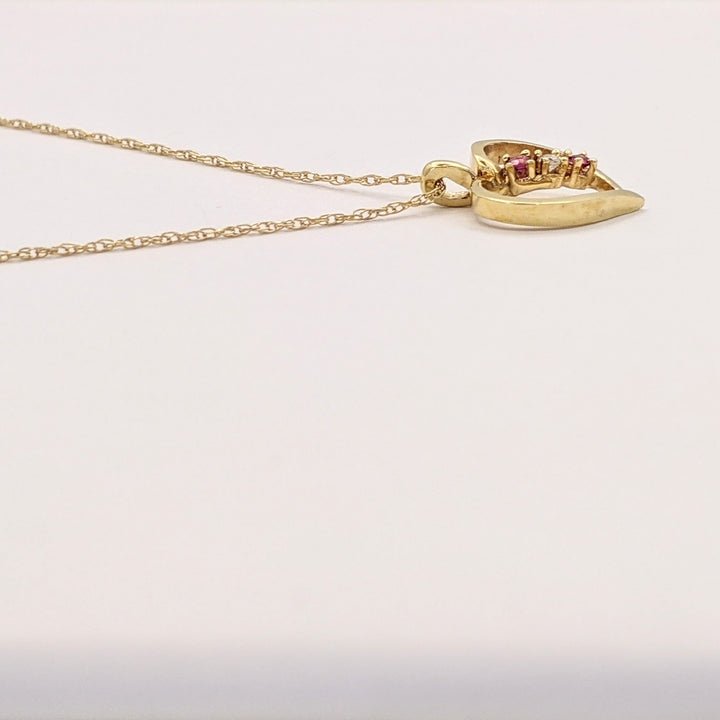 14K RUBY ROUND (2) DIAMOND ROUND (1) OPEN ESTATE HEART PENDANT &amp; CHAIN 1.7 GRAMS