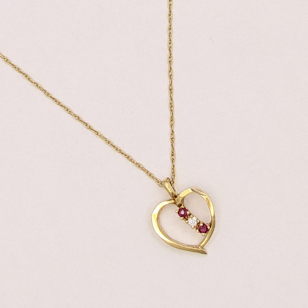 14K RUBY ROUND (2) DIAMOND ROUND (1) OPEN ESTATE HEART PENDANT &amp; CHAIN 1.7 GRAMS