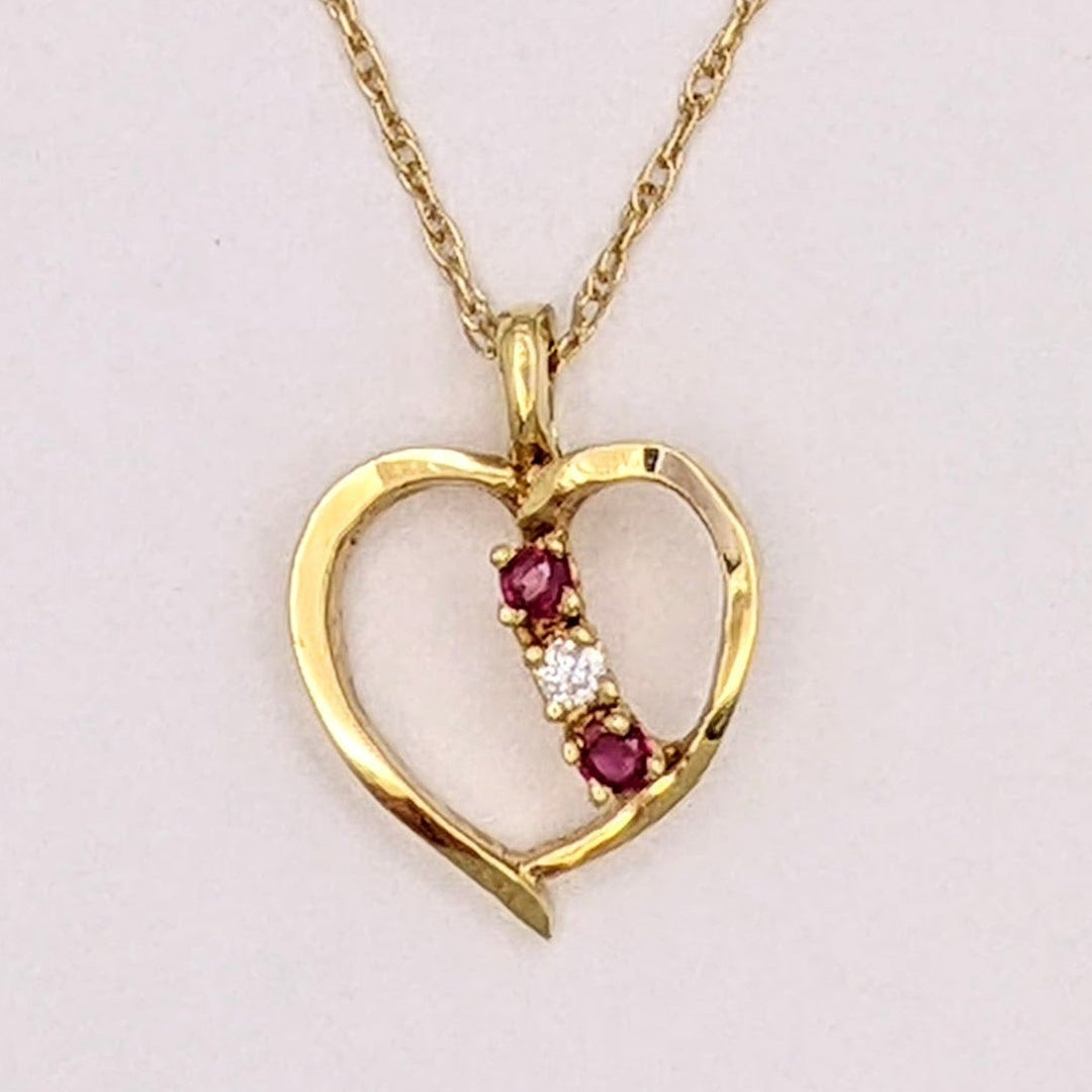 14K RUBY ROUND (2) DIAMOND ROUND (1) OPEN ESTATE HEART PENDANT &amp; CHAIN 1.7 GRAMS