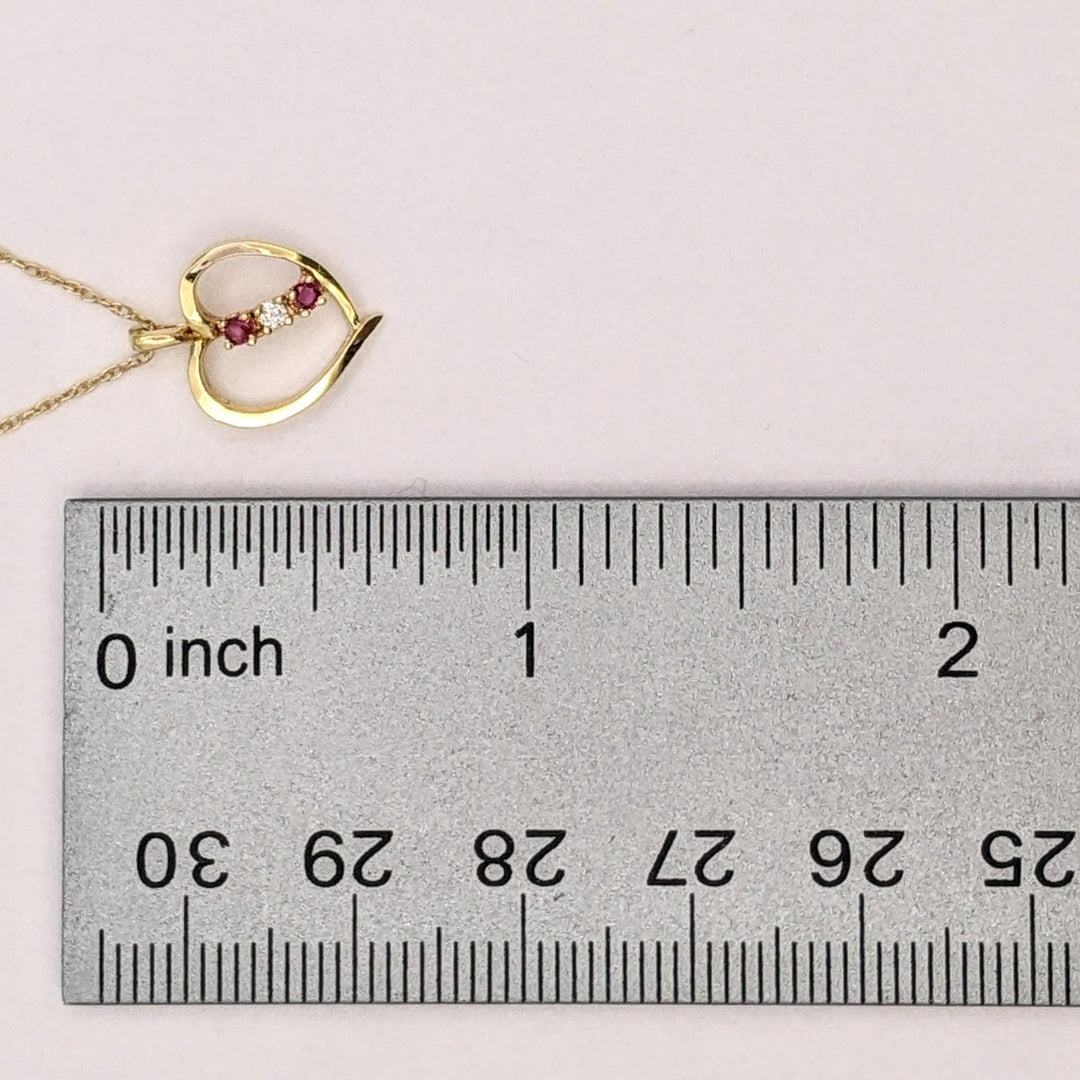 14K RUBY ROUND (2) DIAMOND ROUND (1) OPEN ESTATE HEART PENDANT &amp; CHAIN 1.7 GRAMS
