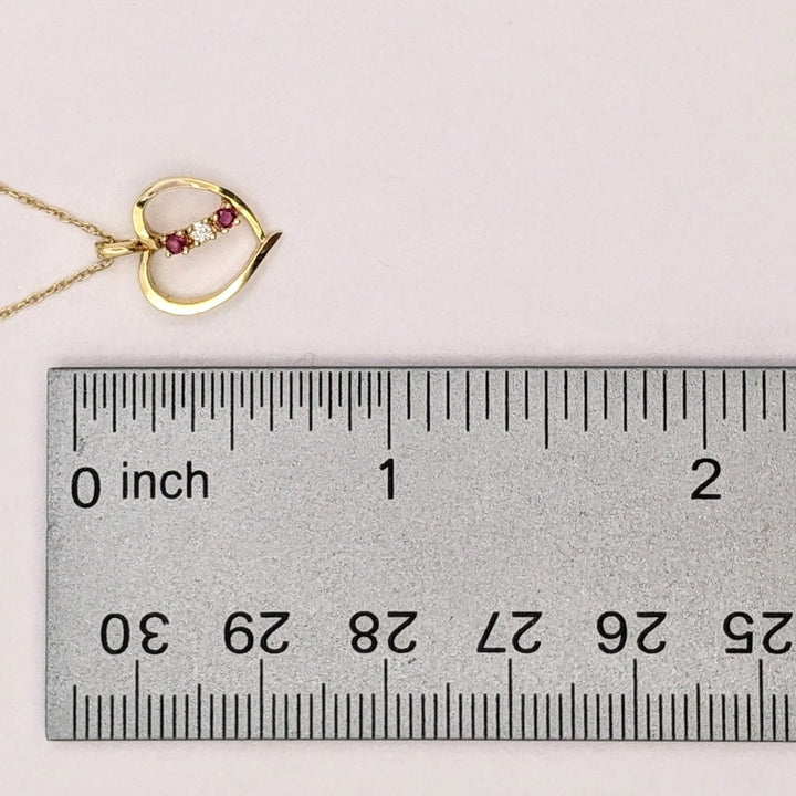 14K RUBY ROUND (2) DIAMOND ROUND (1) OPEN ESTATE HEART PENDANT &amp; CHAIN 1.7 GRAMS