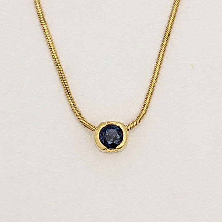 14K SAPPHIRE ROUND 4.3MM HALF-BEZEL ESTATE PENDANT &amp; CHAIN 5.0 GRAMS