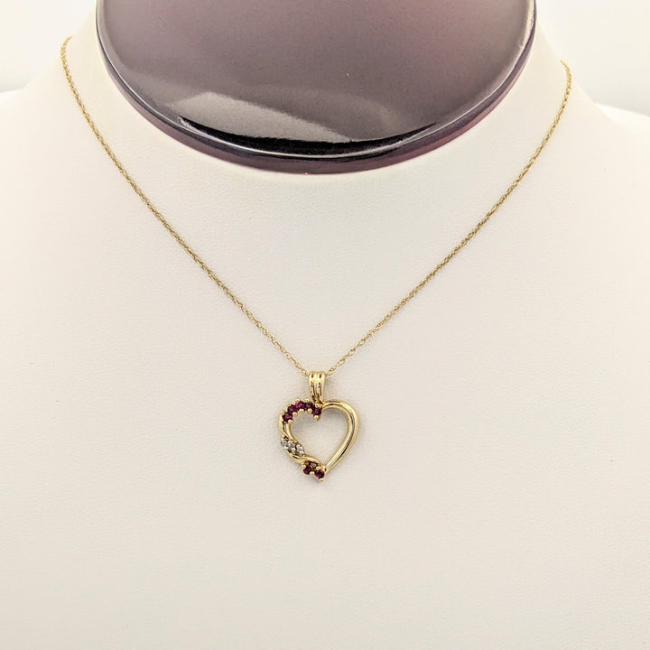 10K RUBY ROUND (7) DIAMOND ROUND (2) ESTATE OPEN HEART PENDANT &amp; CHAIN 2.0 GRAMS