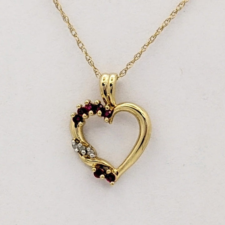 10K RUBY ROUND (7) DIAMOND ROUND (2) ESTATE OPEN HEART PENDANT &amp; CHAIN 2.0 GRAMS