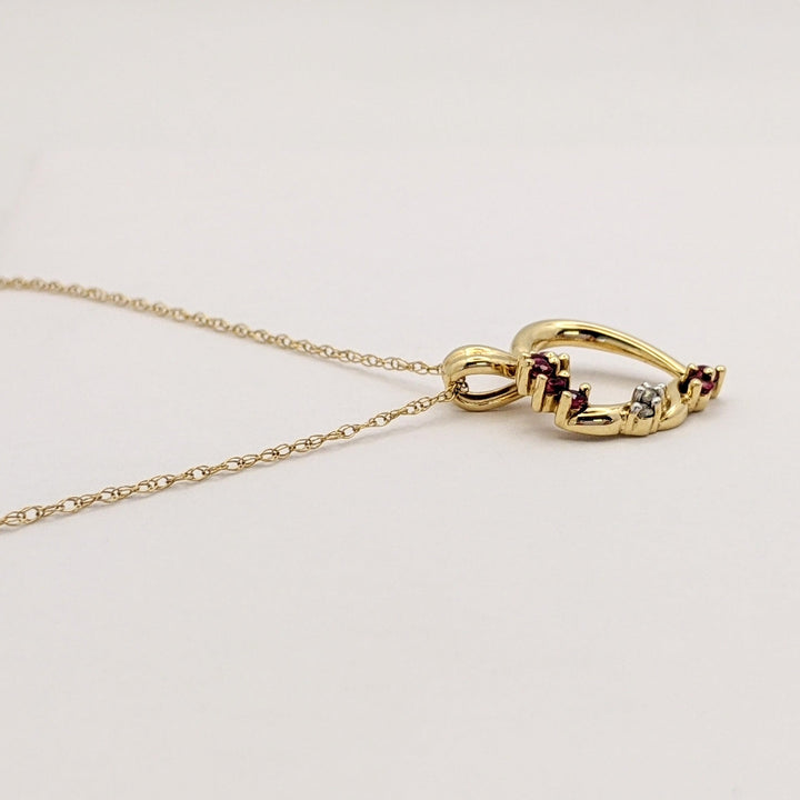 10K RUBY ROUND (7) DIAMOND ROUND (2) ESTATE OPEN HEART PENDANT &amp; CHAIN 2.0 GRAMS