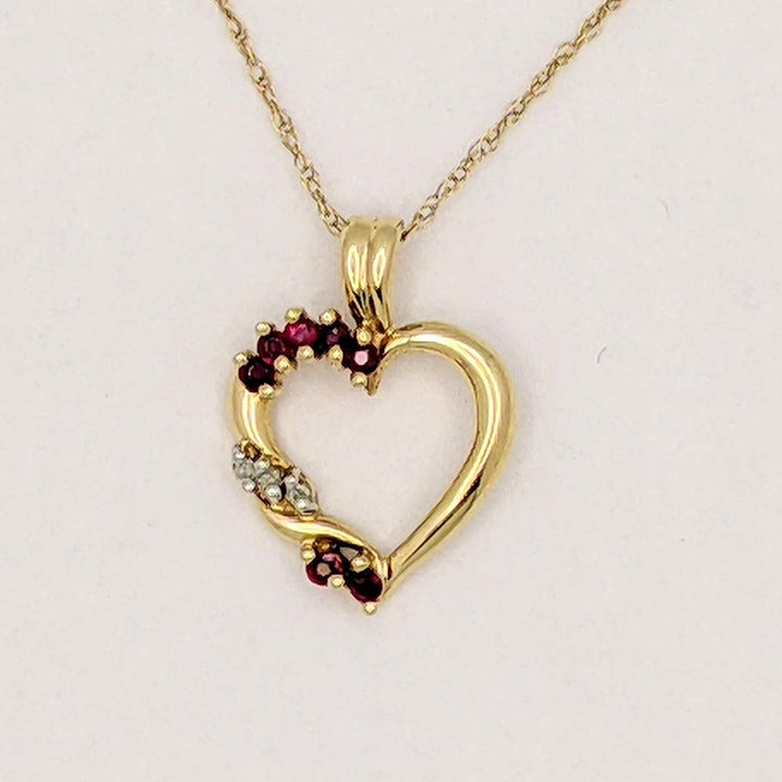 10K RUBY ROUND (7) DIAMOND ROUND (2) ESTATE OPEN HEART PENDANT &amp; CHAIN 2.0 GRAMS