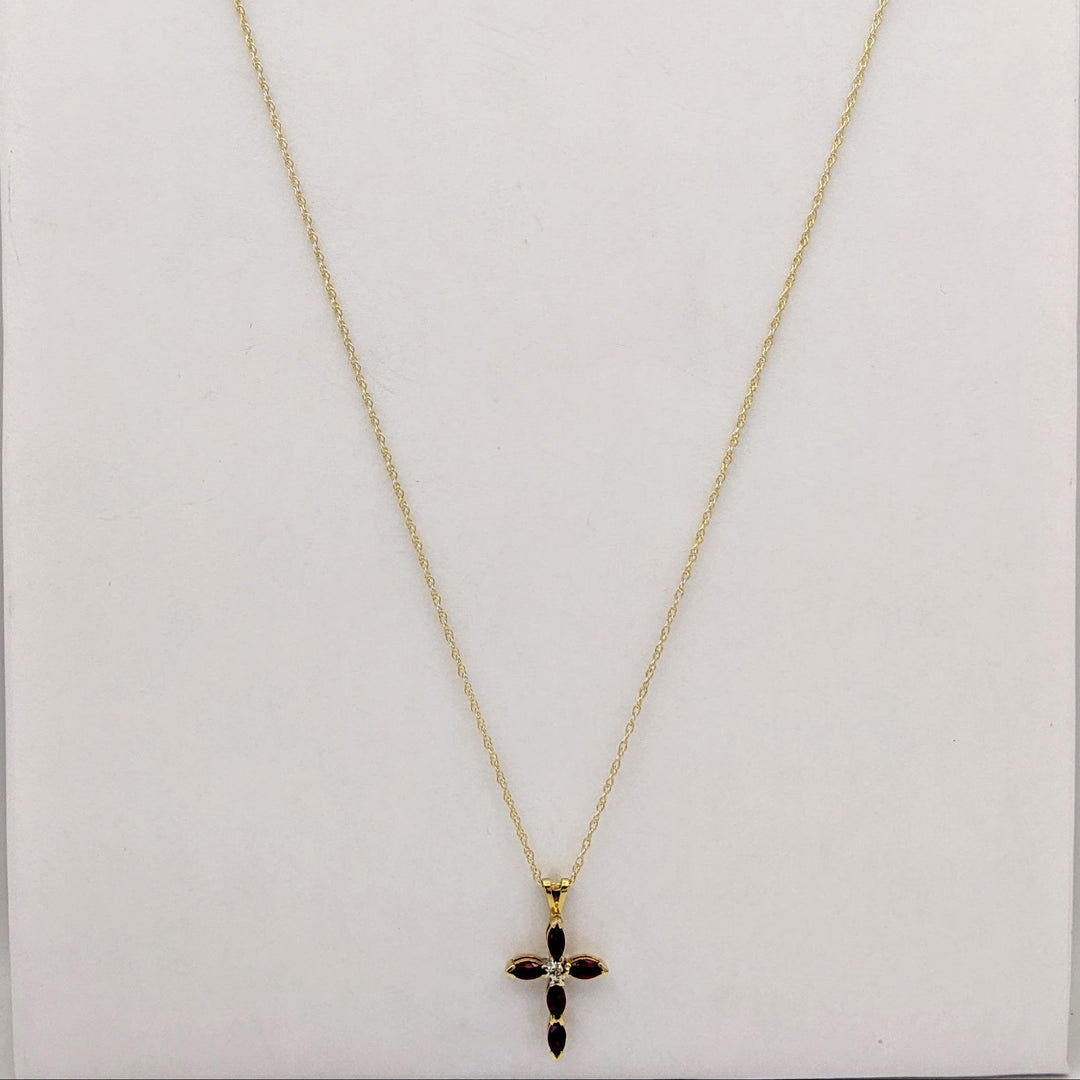 14K RUBY MARQUISE (5) 2.5X5 ESTATE CROSS PENDANT &amp; CHAIN 2.3 GRAMS