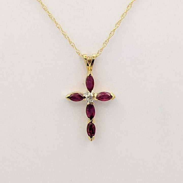 14K RUBY MARQUISE (5) 2.5X5 ESTATE CROSS PENDANT &amp; CHAIN 2.3 GRAMS
