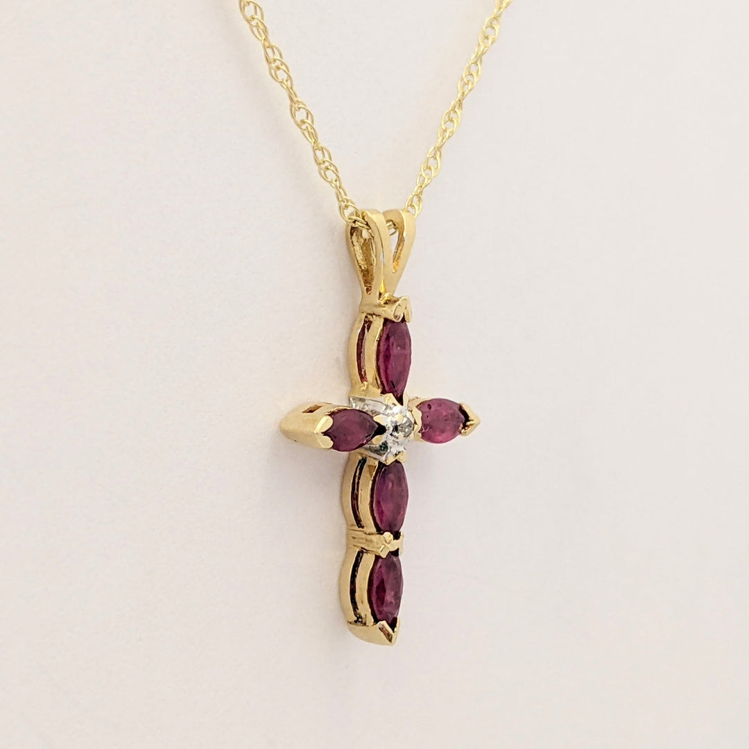 14K RUBY MARQUISE (5) 2.5X5 ESTATE CROSS PENDANT &amp; CHAIN 2.3 GRAMS