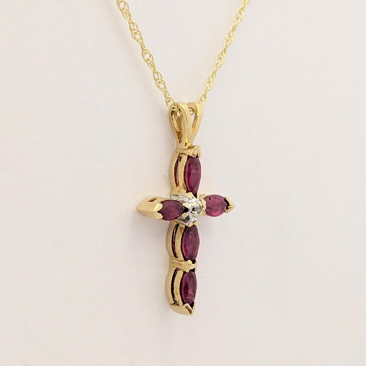 14K RUBY MARQUISE (5) 2.5X5 ESTATE CROSS PENDANT &amp; CHAIN 2.3 GRAMS