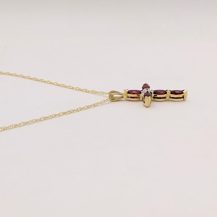 14K RUBY MARQUISE (5) 2.5X5 ESTATE CROSS PENDANT &amp; CHAIN 2.3 GRAMS