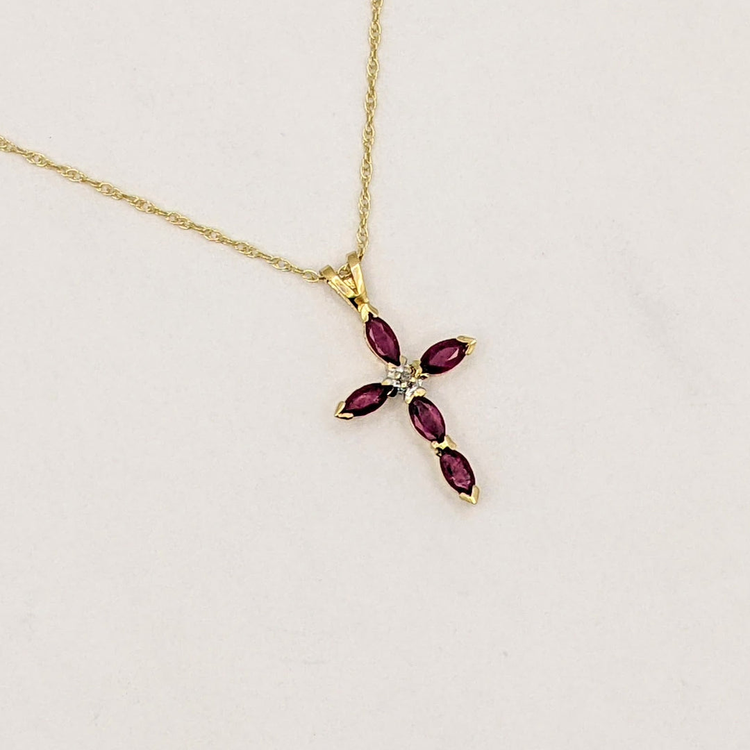14K RUBY MARQUISE (5) 2.5X5 ESTATE CROSS PENDANT &amp; CHAIN 2.3 GRAMS