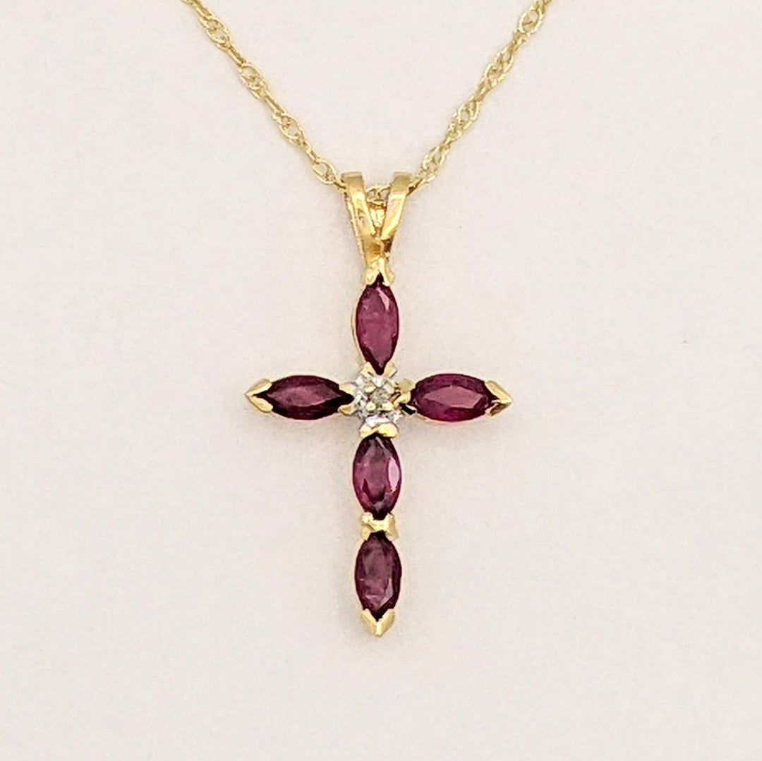 14K RUBY MARQUISE (5) 2.5X5 ESTATE CROSS PENDANT &amp; CHAIN 2.3 GRAMS