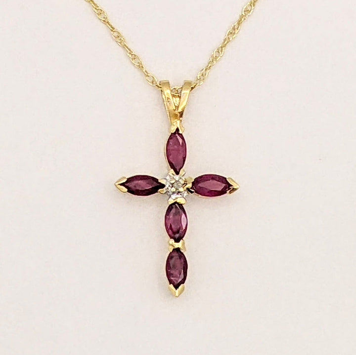 14K RUBY MARQUISE (5) 2.5X5 ESTATE CROSS PENDANT &amp; CHAIN 2.3 GRAMS