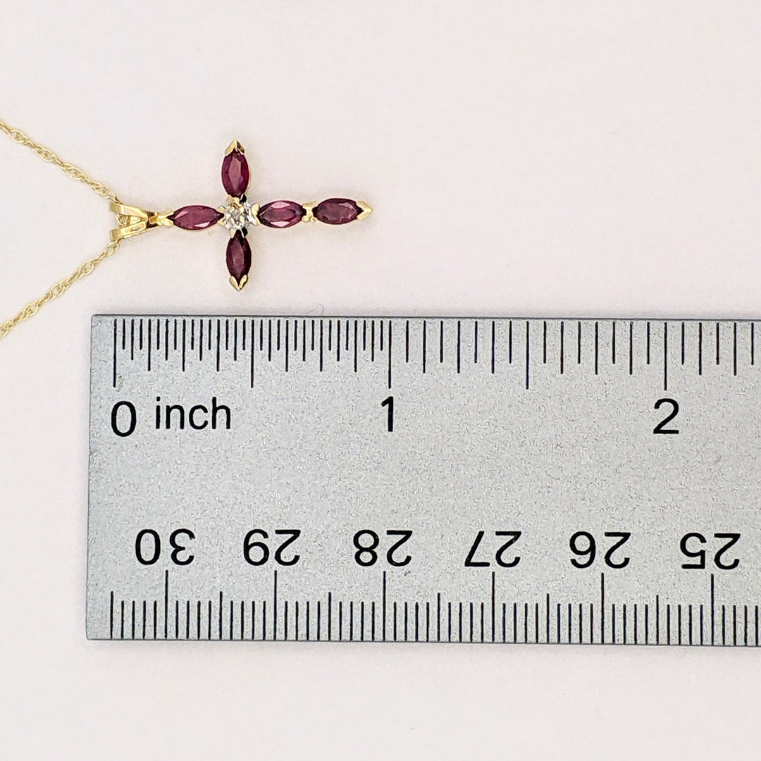 14K RUBY MARQUISE (5) 2.5X5 ESTATE CROSS PENDANT &amp; CHAIN 2.3 GRAMS