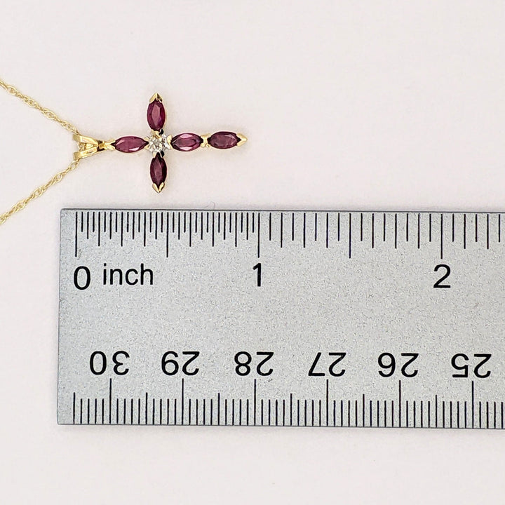 14K RUBY MARQUISE (5) 2.5X5 ESTATE CROSS PENDANT &amp; CHAIN 2.3 GRAMS