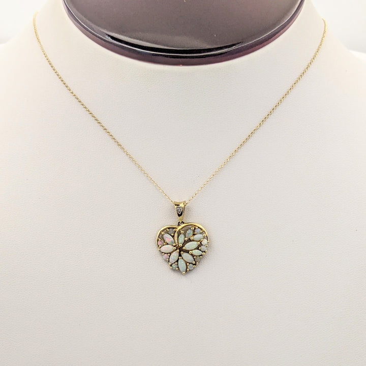 14K OPAL MARQUISE/ ROUND CLUSTER HEART ESTATE PENDANT &amp; CHAIN 3.1 GRAMS