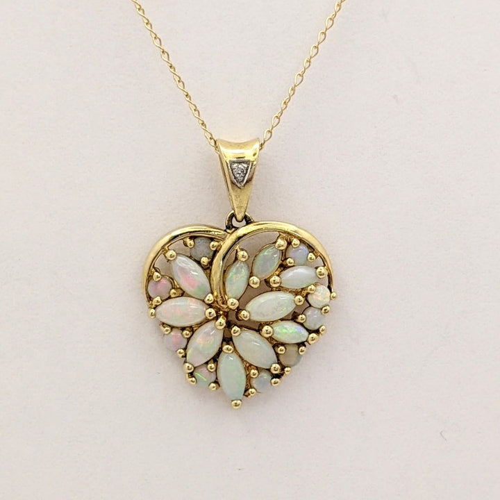 14K OPAL MARQUISE/ ROUND CLUSTER HEART ESTATE PENDANT &amp; CHAIN 3.1 GRAMS